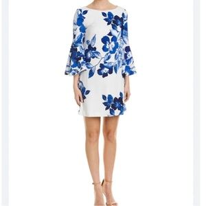 Eliza J White With Blue Floral Print Bell Sleeve Dress Size 14